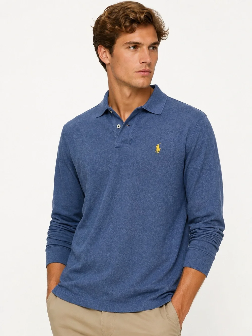 Polo Ralph Lauren Mens L Blue Long Sleeve Polo Shirt Yellow Pony Vintage